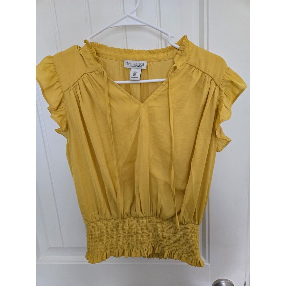 Rachel Zoe Women’s Size S Mustard Yellow Ruffle Sleeve Smocked Waist Blouse Top